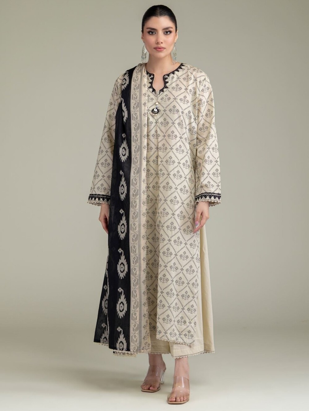 Khaadi 3 Piece Embroidered Large Long Kurta With Wide XL Trouser AND DUBATTA